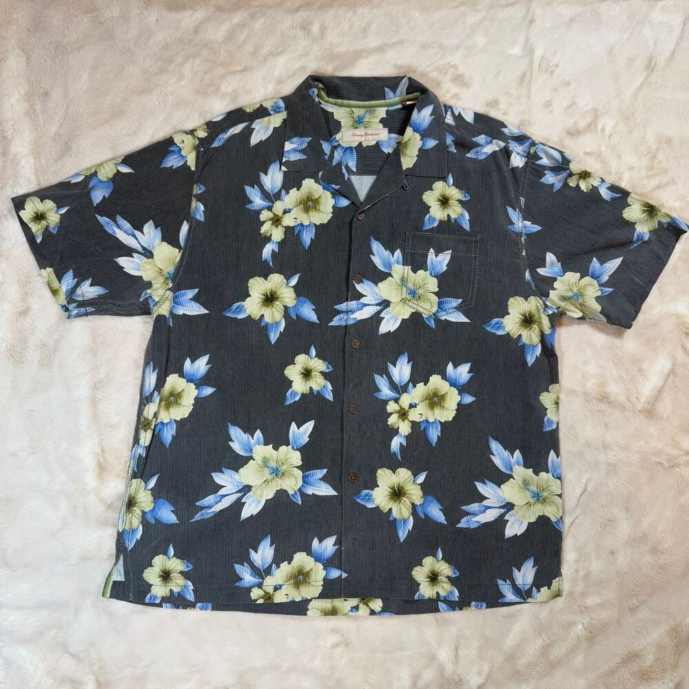 Tommy Bahama Shirt 100% Silk Blue Floral Hawaiian Mens Sz XL